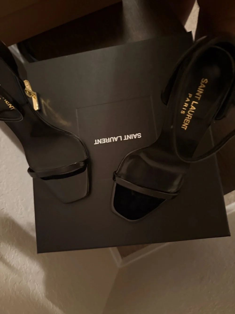 Saint Laurent Black Patent Leather Sculpted-Heel Sandals - Picture 5 of 5